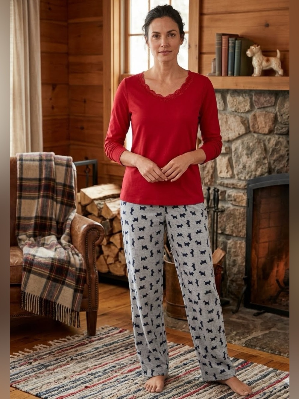 NWT Talbots Cotton Scottie Dog Pajama Set Size L Nostalgic Whimsey Winter Cabin